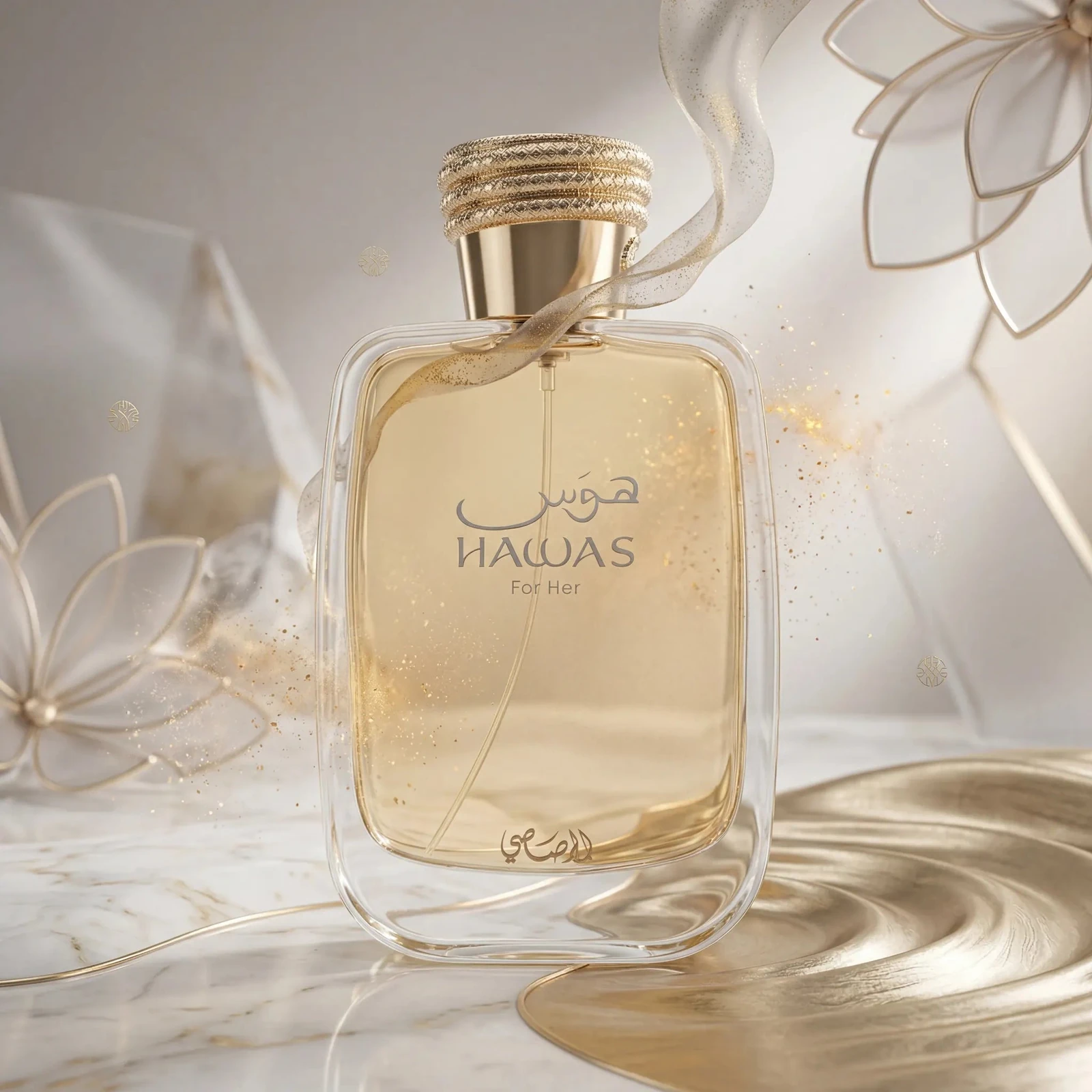 Rasasi Hawas for Her · Eau de Parfum 100 ml · para Mujer — el frasco fotografiado en una escena de ambiente