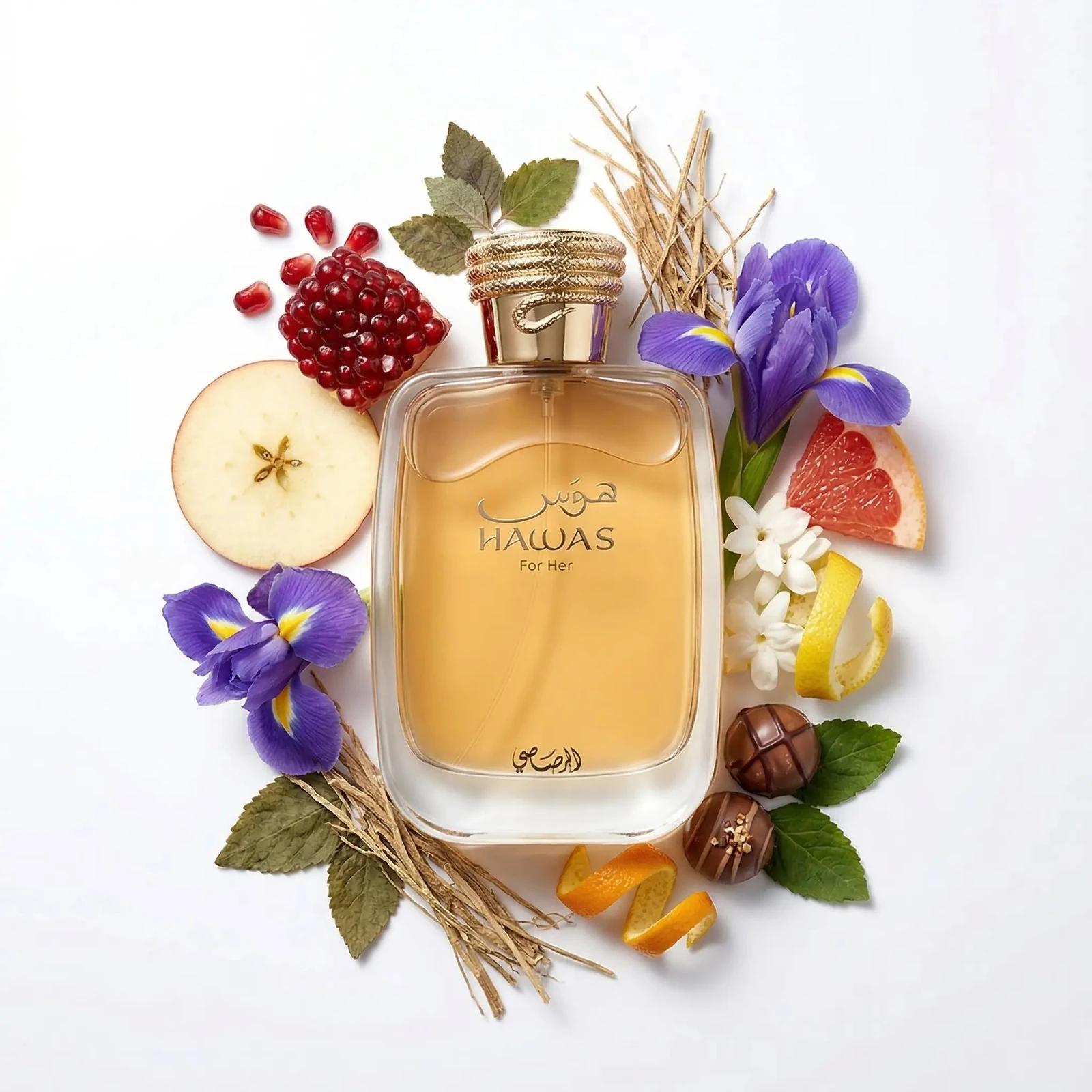 Rasasi Hawas for Her · Eau de Parfum 100 ml · para Mujer — el frasco en un bodegón de ingredientes