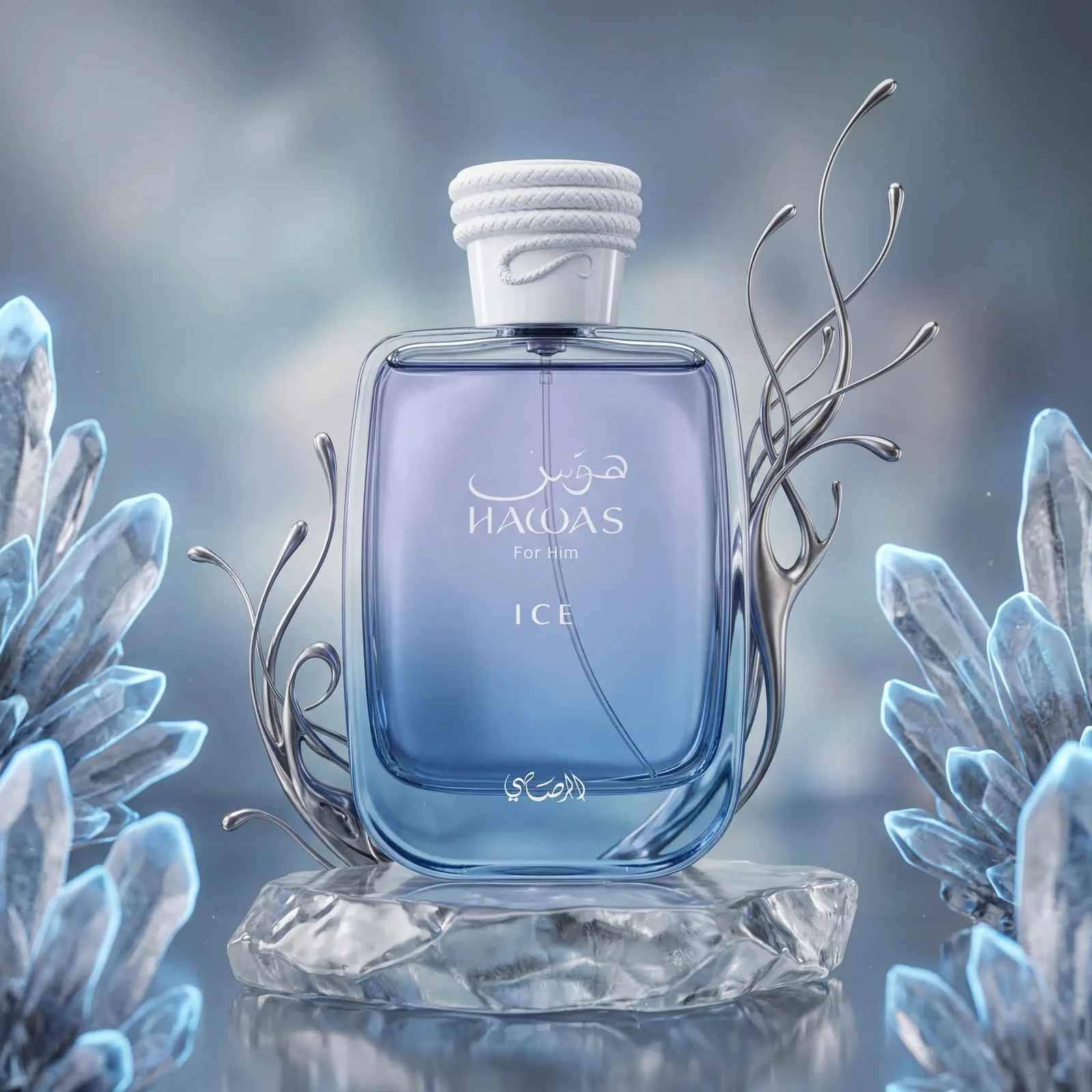 Rasasi Hawas Ice · Eau de Parfum 100 ml · para Hombre — el frasco fotografiado en una escena de ambiente