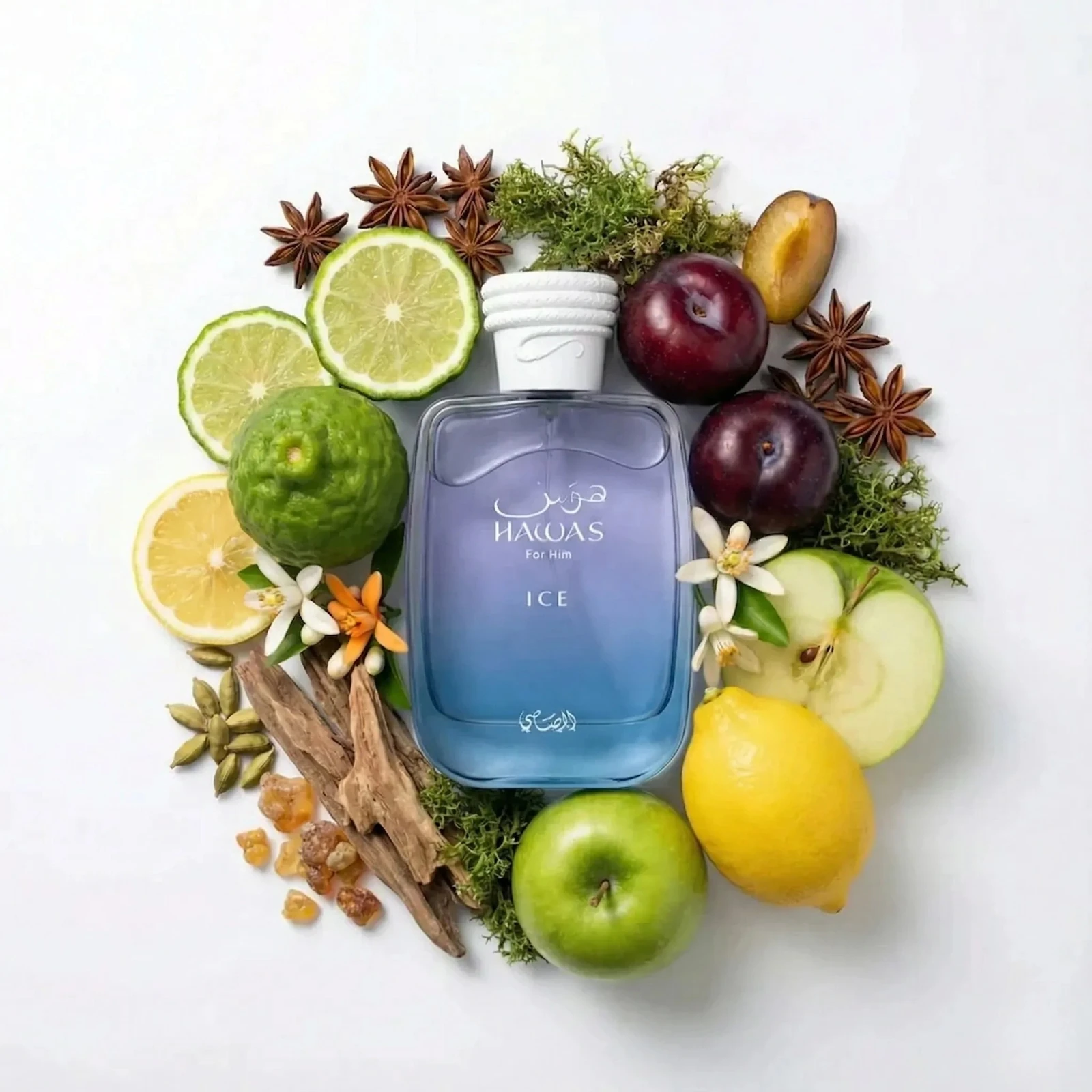 Rasasi Hawas Ice · Eau de Parfum 100 ml · para Hombre — el frasco en un bodegón de ingredientes