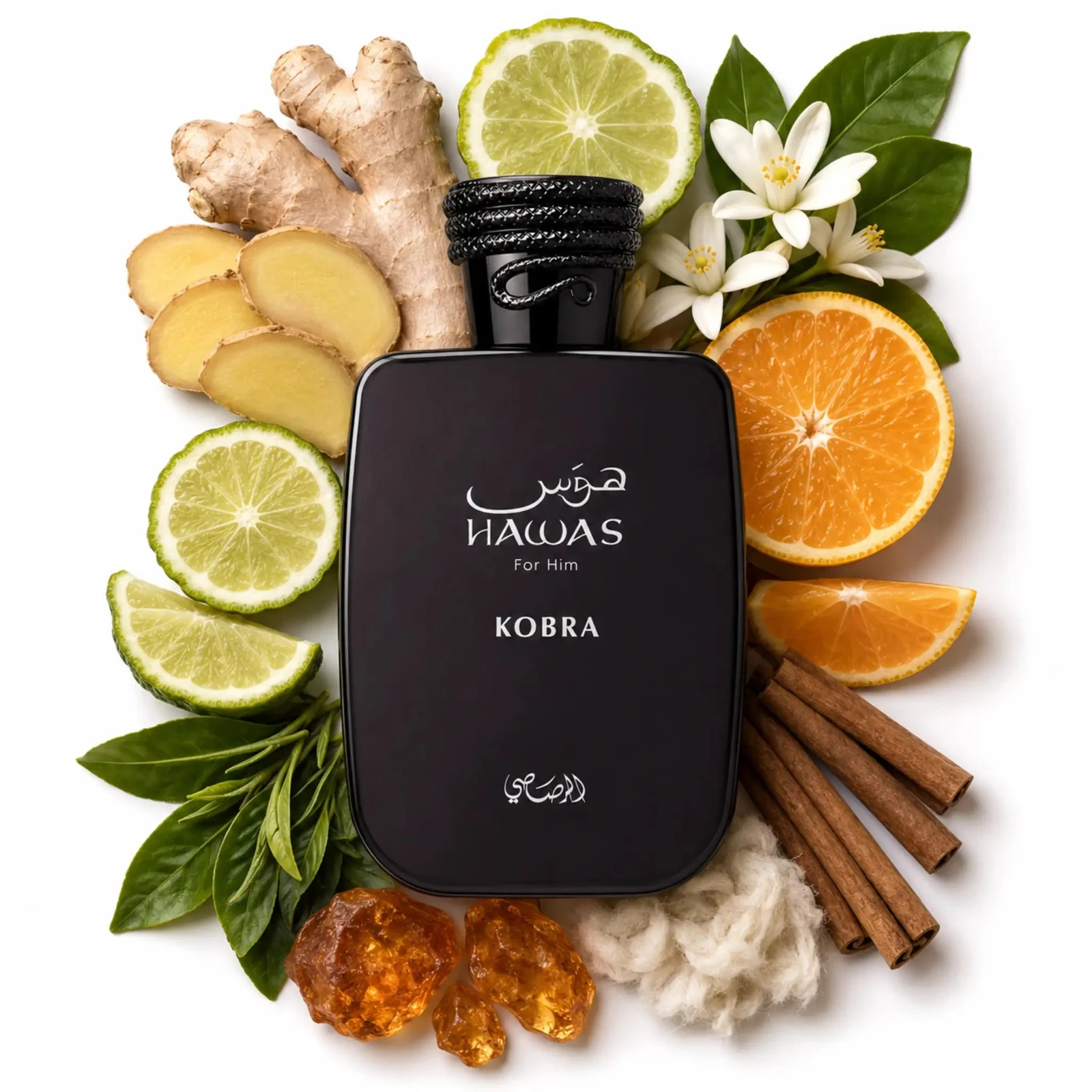 Rasasi Hawas Kobra · Eau de Parfum 100 ml · para Hombre — el frasco en un bodegón de ingredientes