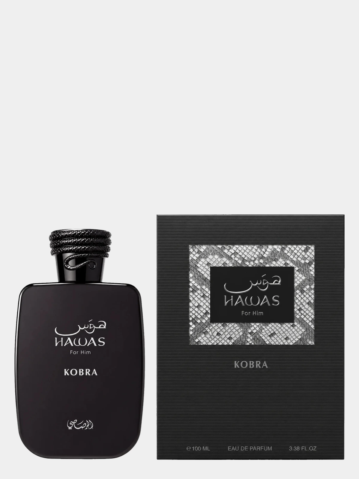 Rasasi Hawas Kobra · Eau de Parfum 100 ml · para Hombre — frasco junto a su caja