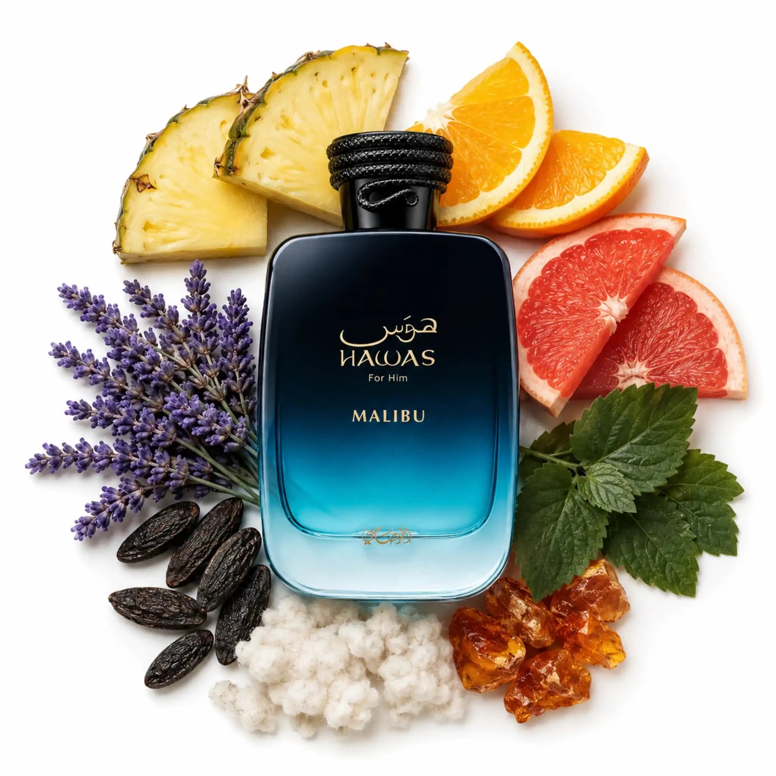 Rasasi Hawas Malibu · Eau de Parfum 100 ml · para Hombre — el frasco en un bodegón de ingredientes