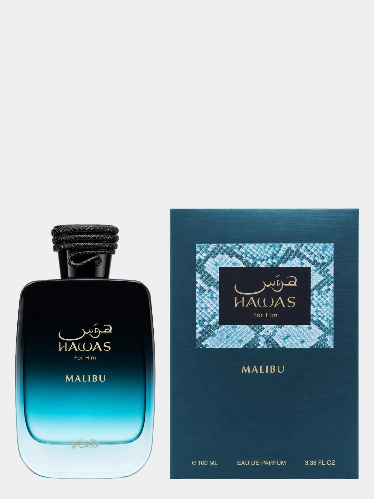 Rasasi Hawas Malibu · Eau de Parfum 100 ml · para Hombre — frasco junto a su caja