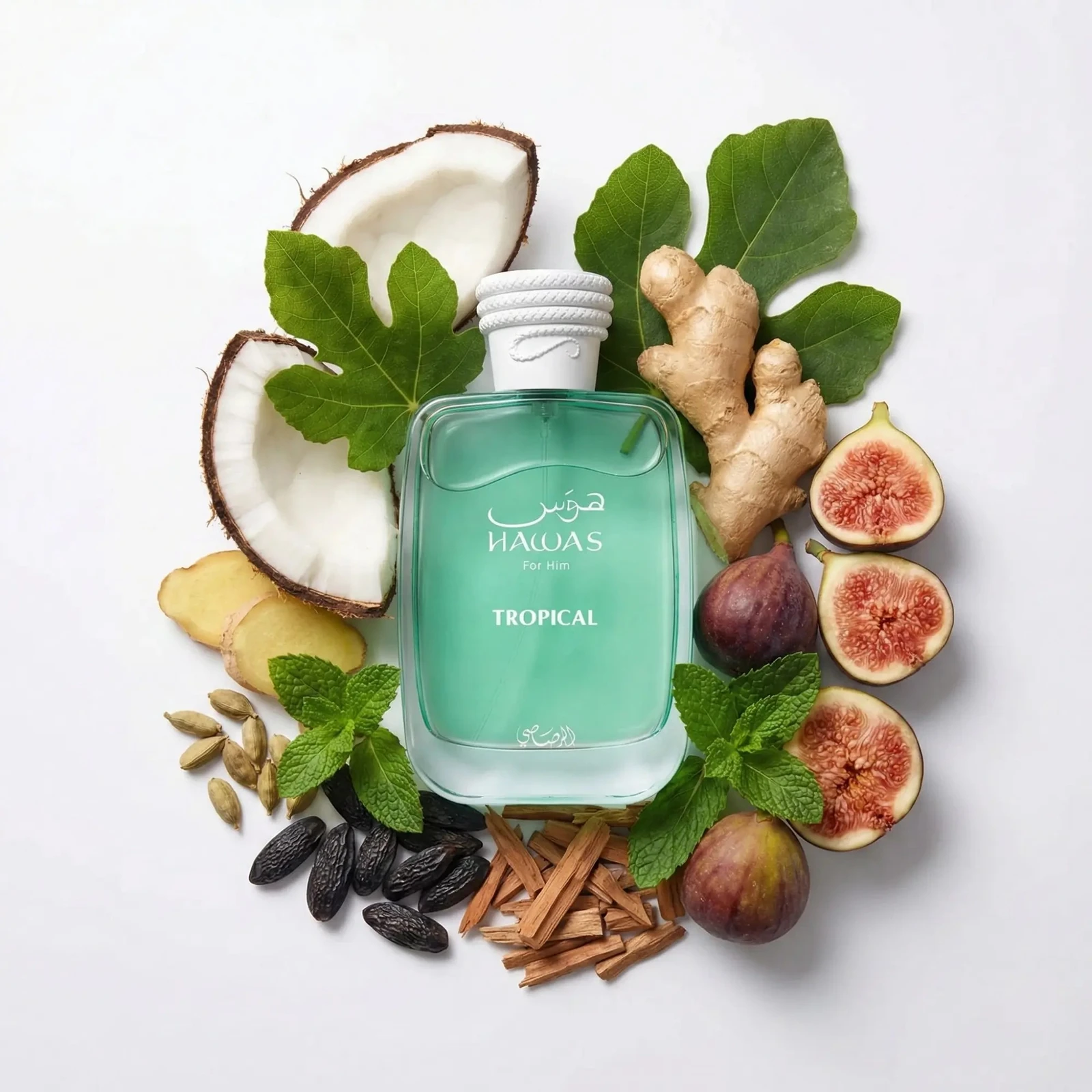 Rasasi Hawas Tropical · Eau de Parfum 100 ml · para Hombre — el frasco en un bodegón de ingredientes