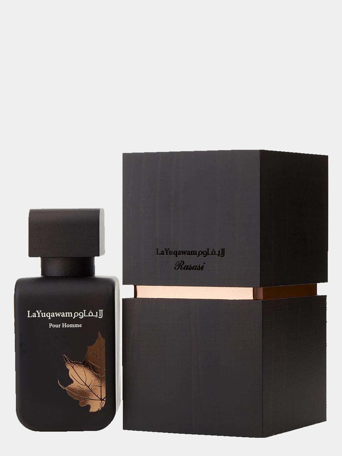Rasasi La Yuqawam · Eau de Parfum 75 ml · para Hombre — frasco junto a su caja