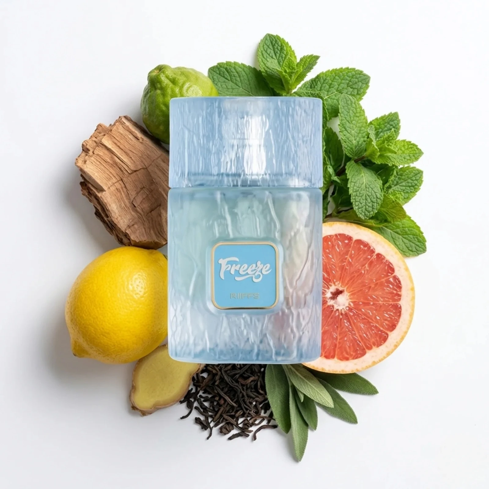 Riiffs Freeze · 100 ml · Unisex — el frasco en un bodegón de ingredientes